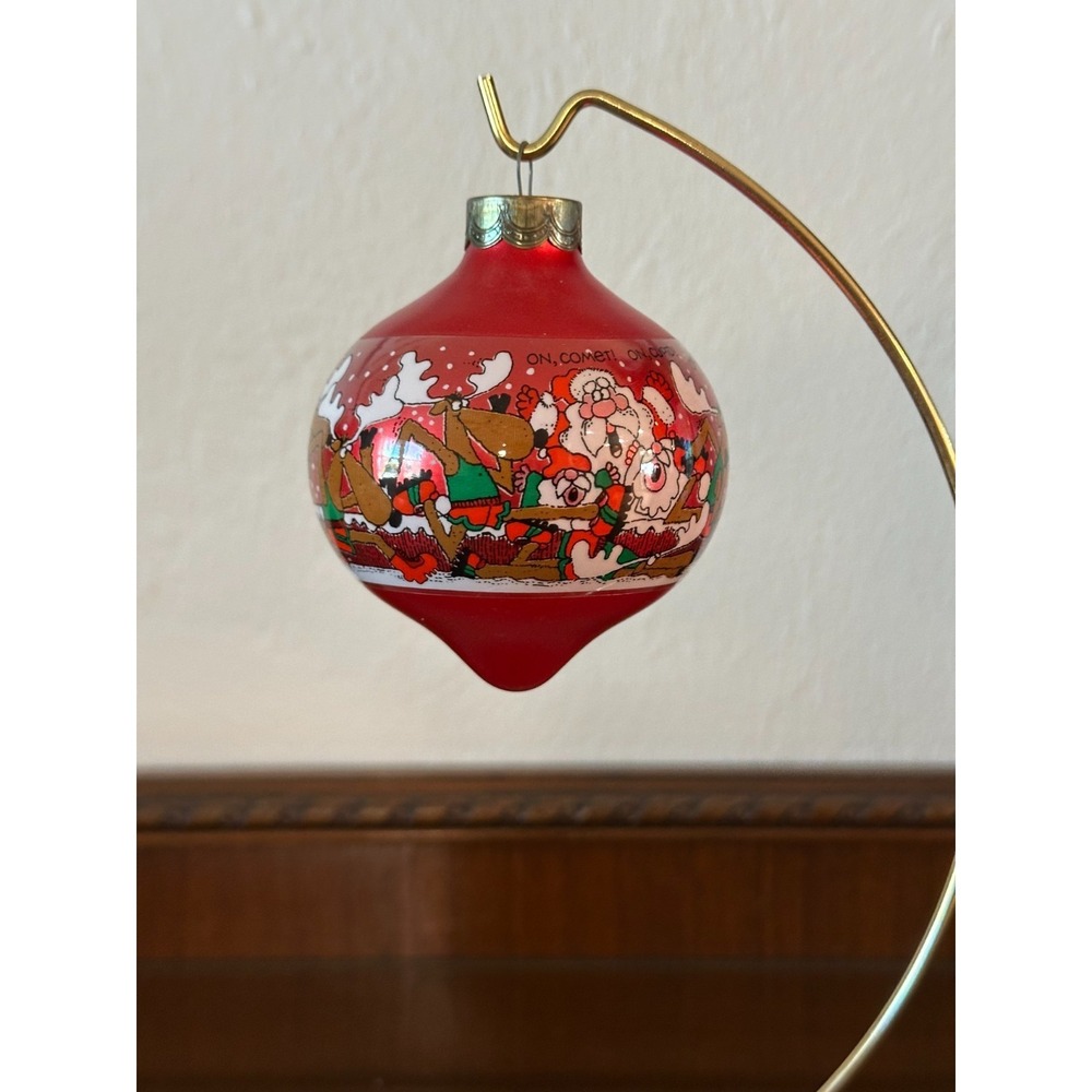 1984 Hallmark Reindeer Race Track Red Glass Santa Christmas Ornament